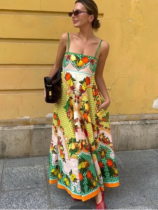 Alemais Dresses & Skirts - Alemais Green & Multi-Color Fruit-Print Spaghetti-Strap Maxi Dress